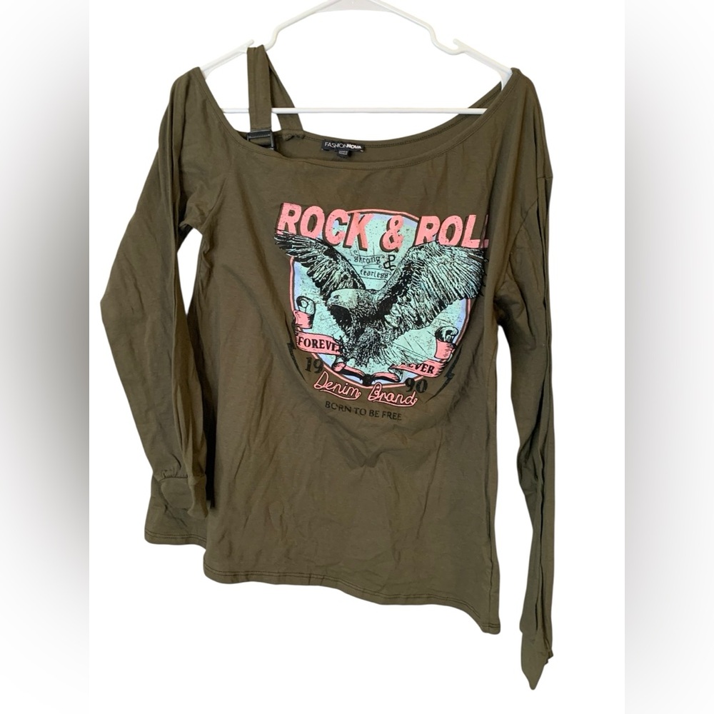 Fashion Nova Olive Rockstar Babe Top Size L Graphic Buckle Strap Y2K Streetwear - Picture 2 of 7